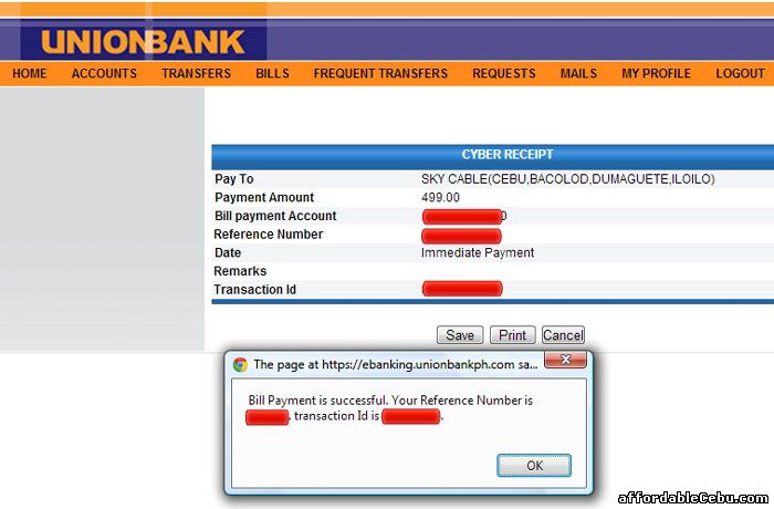 Sky Cable/Broadband Online Payment Cyber Receipt