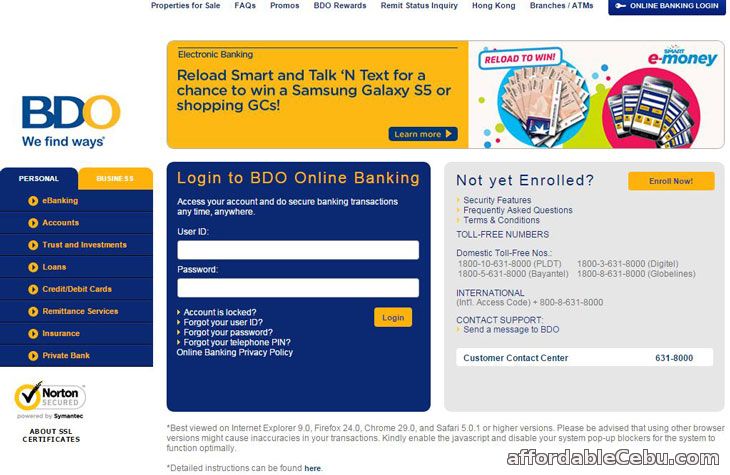 BDO online banking website