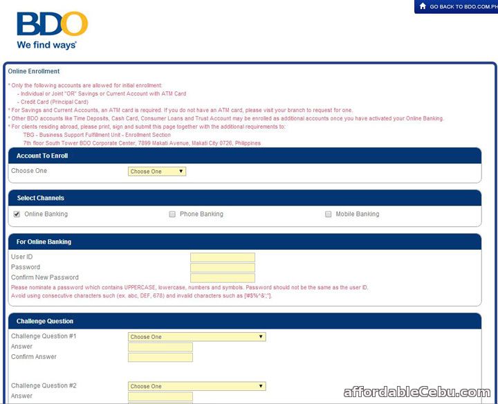 BDO online banking enrollment application