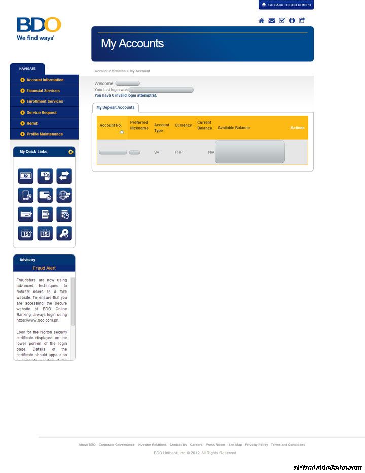 BDO online banking website