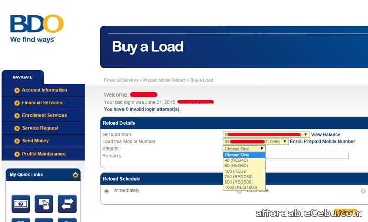 Buy load BDO online banking