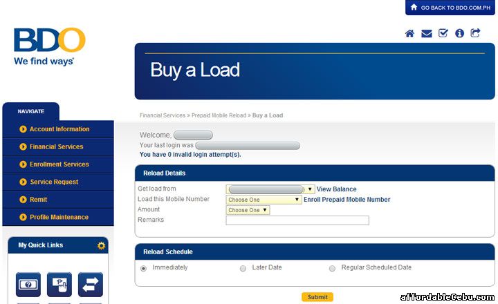 Buy Load in BDO online banking