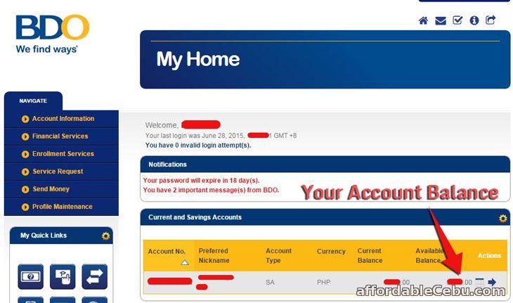 Check account balance in BDO Online Banking