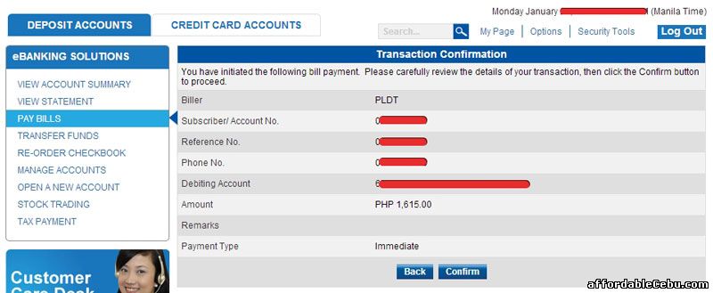 Confirm PLDT Bills Payment Metrobank Online Banking