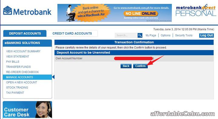 Confirm Unenroll of Metrobank Account Online