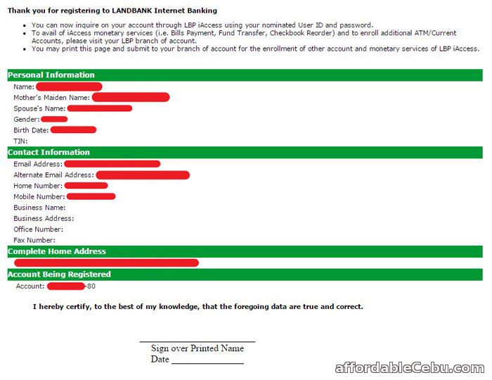 LandBank iAccess Online Banking Acknowledgment