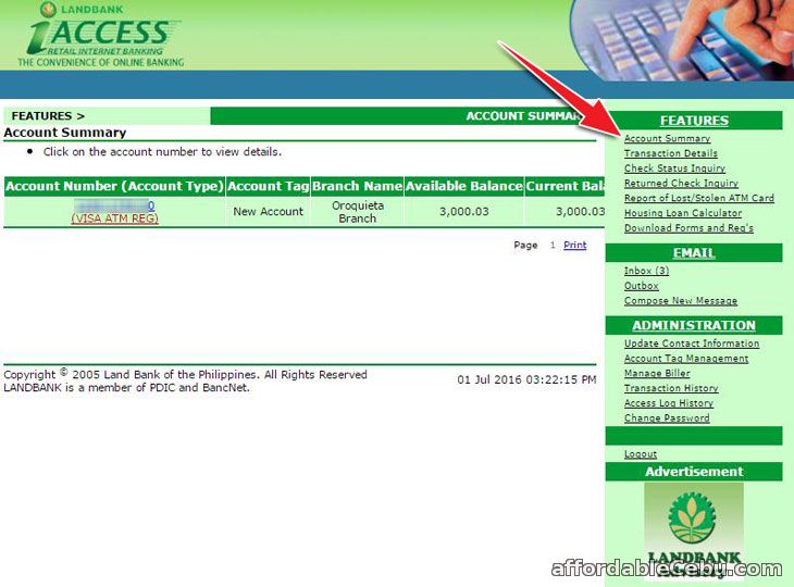 LandBank online balance inquiry