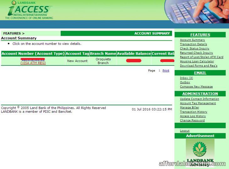 LandBank iAccess Internet Banking Account Summary