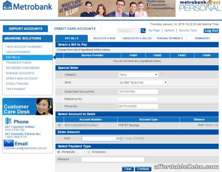 Pay Globe Bill via Metrobank Online Banking