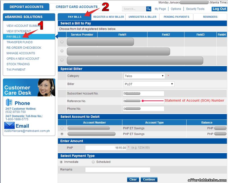 Pay PLDT Bill Metrobank Online Banking