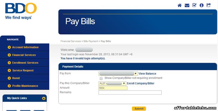 Pay PLDT bill thru BDO online banking