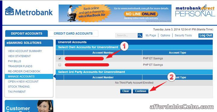 Select Metrobank Account to Unenroll-Remove