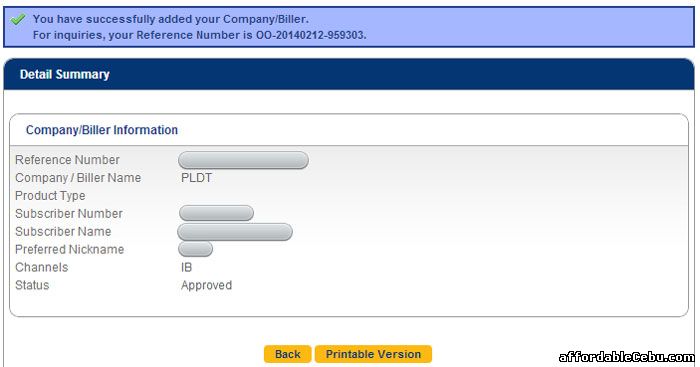 Successful enrollment of PLDT bill to BDO online banking
