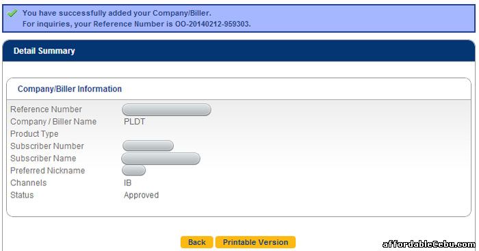 Successful enrollment of PLDT bill to BDO online banking