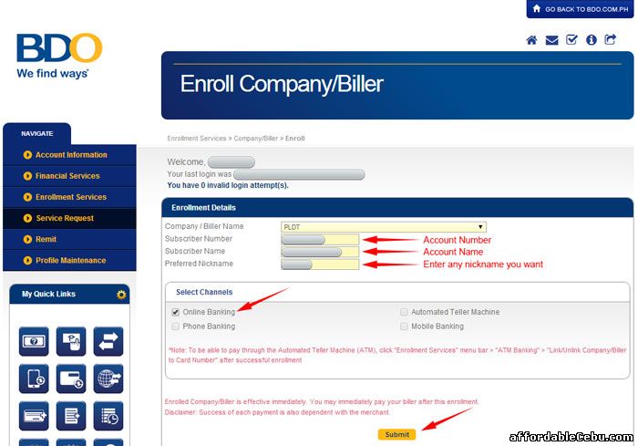Enter Enrollment Details to BDO online banking