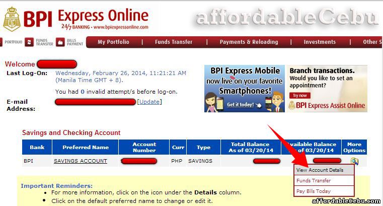 view bank statement of account