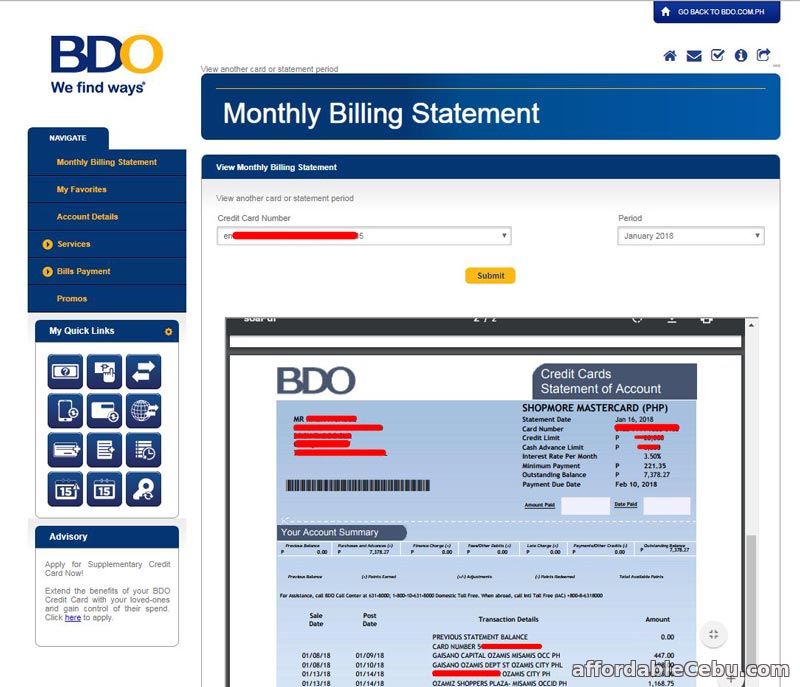 BDO Credit Card Billing Statement