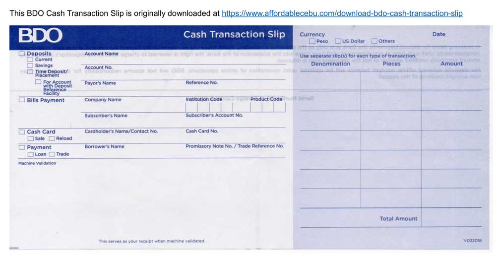 Download BDO Cash Transaction Slip (Ready to Print) - Banking 30762