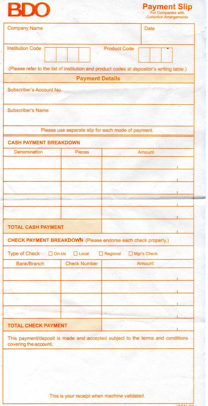 BDO Payment Slip