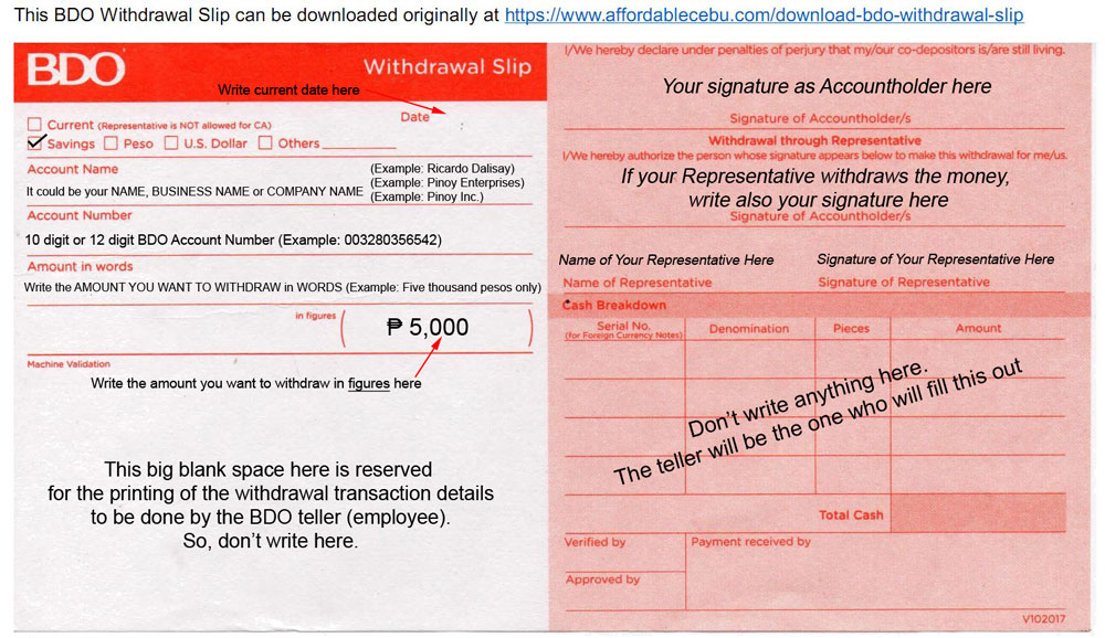 BDO Withdrawal Slip (fill-up details)