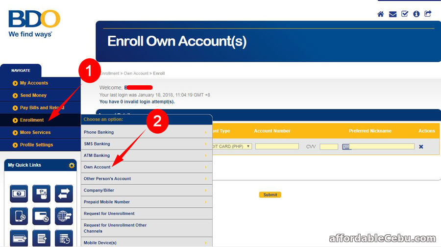 Enroll BDO Credit Card to Existing BDO Online Banking Account