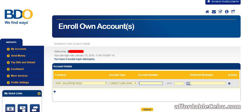 Enroll BDO Credit Card to Existing Online Banking Account