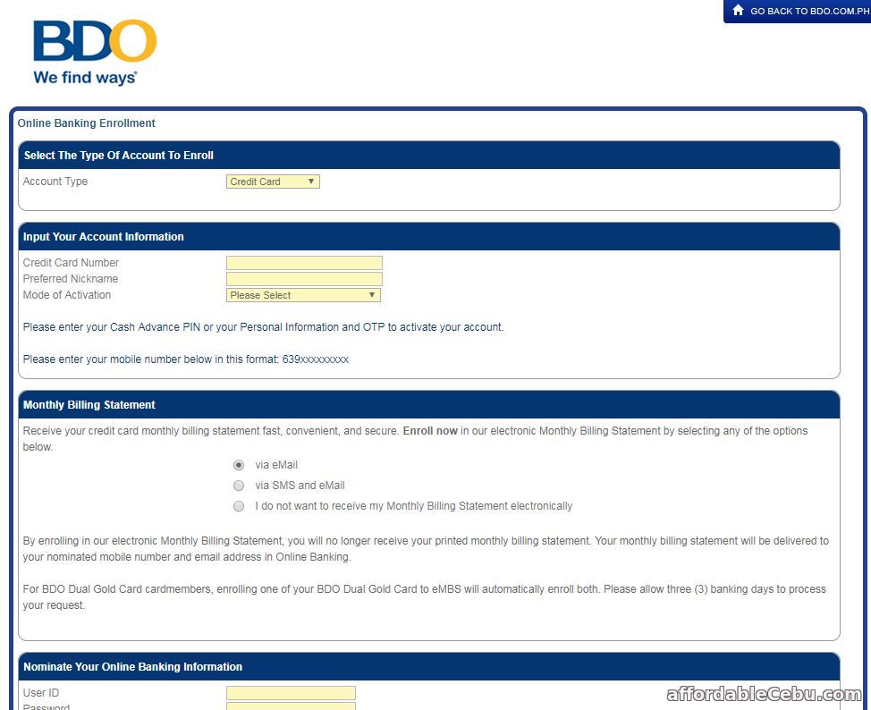 Enroll BDO Credit Card To Online Banking Form