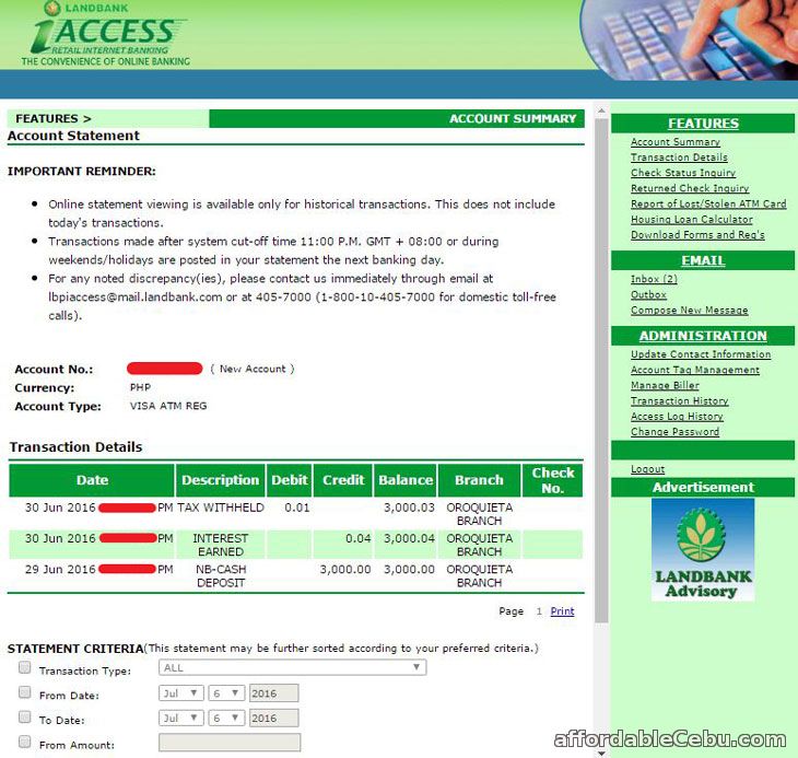 LandBank iAccess Internet Banking Balance Inquiry