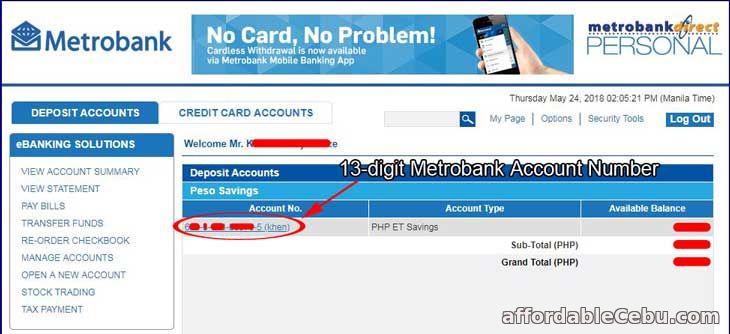 Metrobank Account Number in MetrobankDirect Online Banking