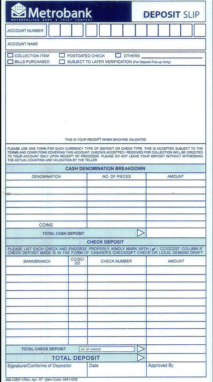 Metrobank Deposit Slip blank copy