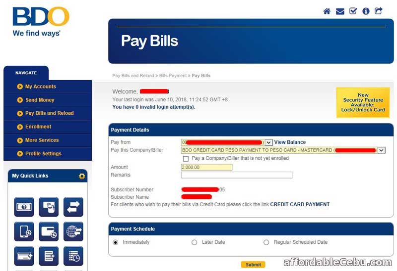 how to pay bdo credit card online banking