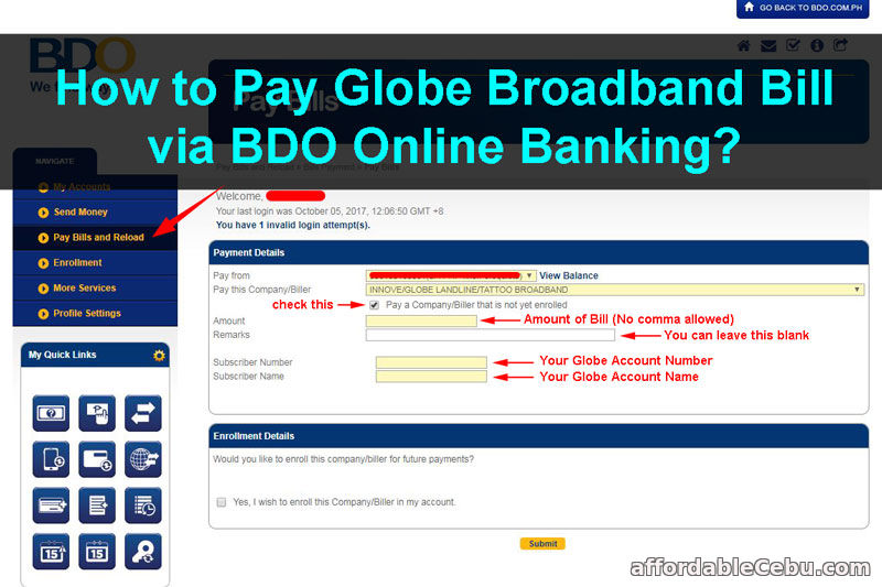 Pay Globe Broadband Bill via BDO Online Banking