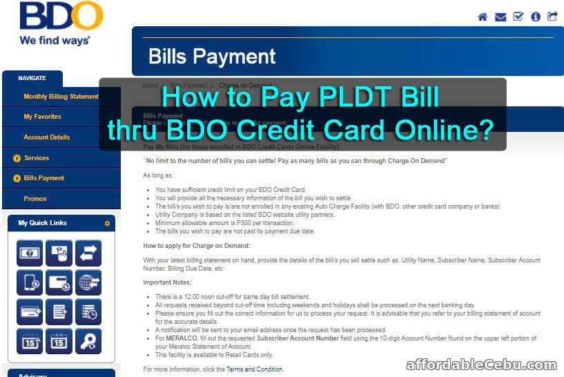 Pay PLDT Bill thru BDO Credit Card Online
