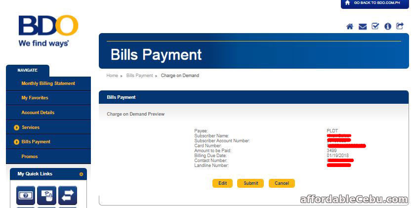 Pay PLDT Bill thru BDO Credit Card Online