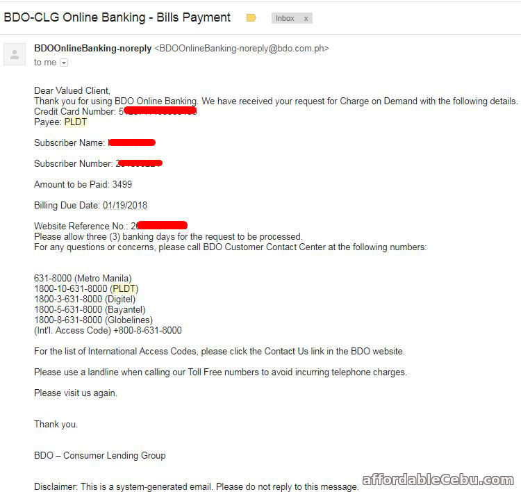 Pay PLDT Bill thru BDO Credit Card Online