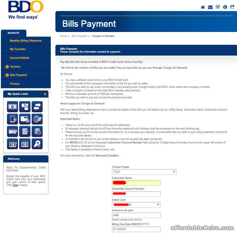 Pay PLDT Bill thru BDO Credit Card Online