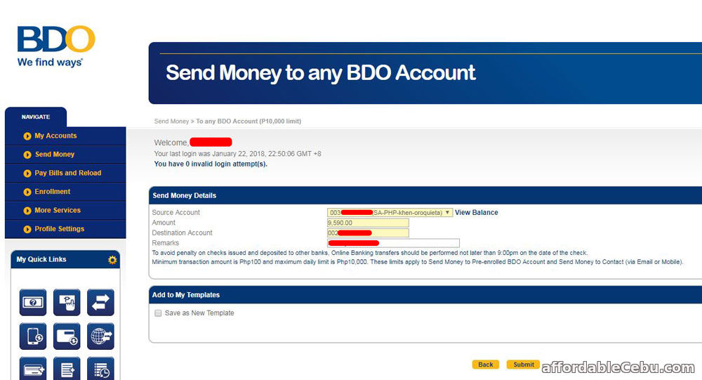 How to Transfer Money To Another Person Thru BDO Online Banking (Step 1)?