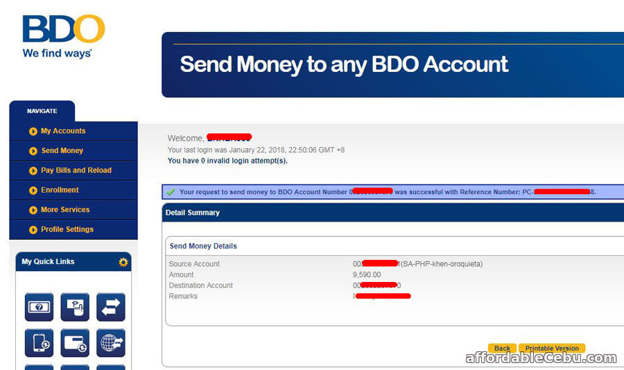 How to Transfer Money thru BDO Online Banking (Successful Transaction)?