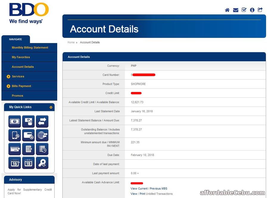 View BDO Credit Card Account Online