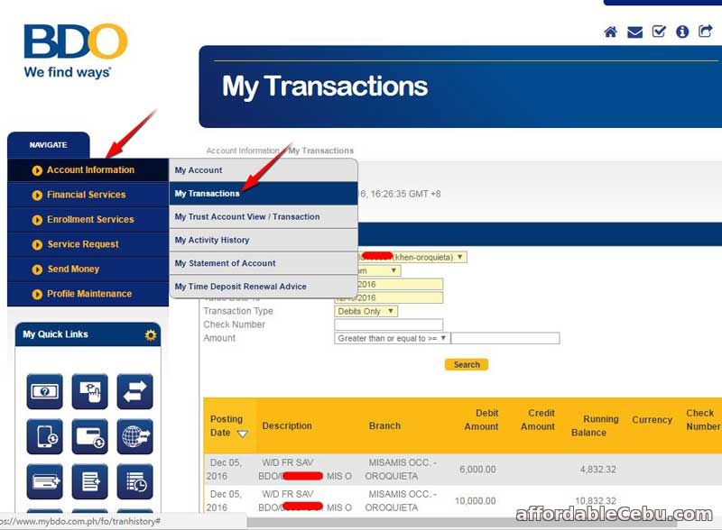 Withdrawal history of BDO Savings Account