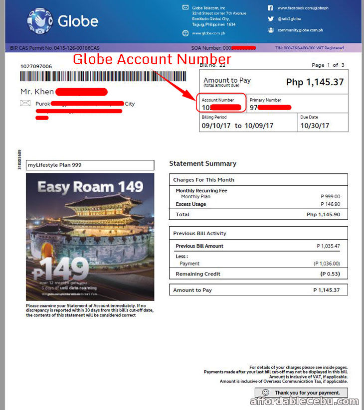 Globe Account Number Bill