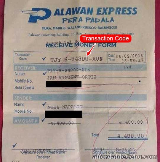 Sample of Palawan Express Pera Padala Transaction Code 