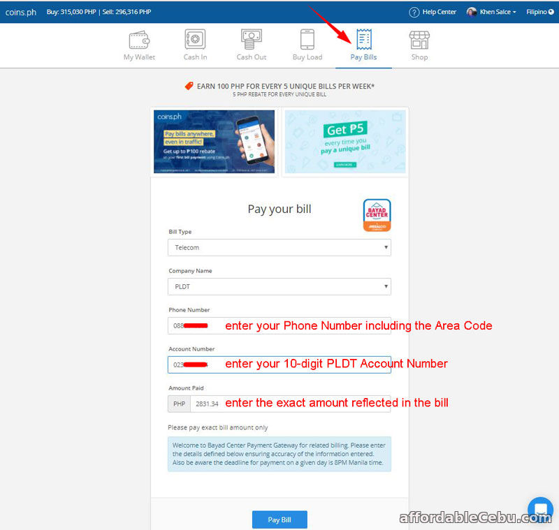How To Pay Pldt Bill Thru Coins Ph Online And Get 50pesos Plus - 
