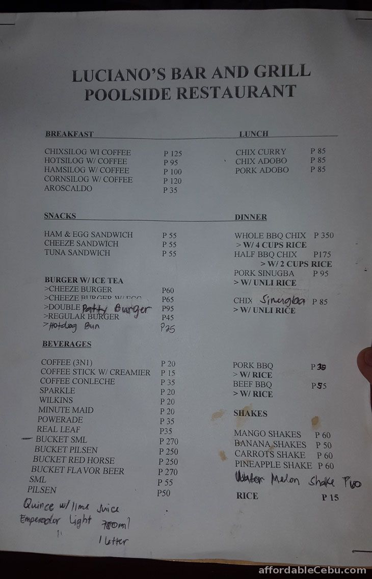 Luciano Bar Poolside Restaurant Menu Pricelist