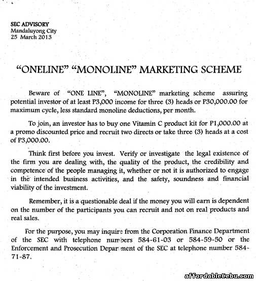 SEC warns against the Oneline Monline Marketing Scheme