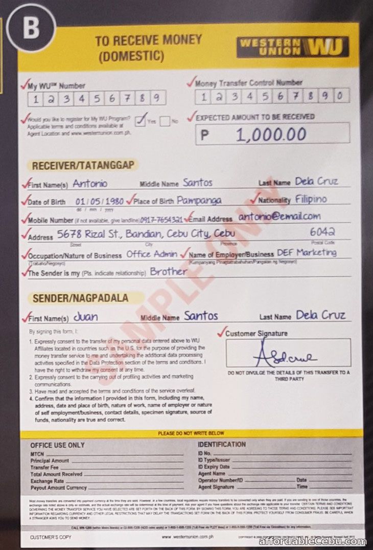 Western Union Receive Money Form - Domestic