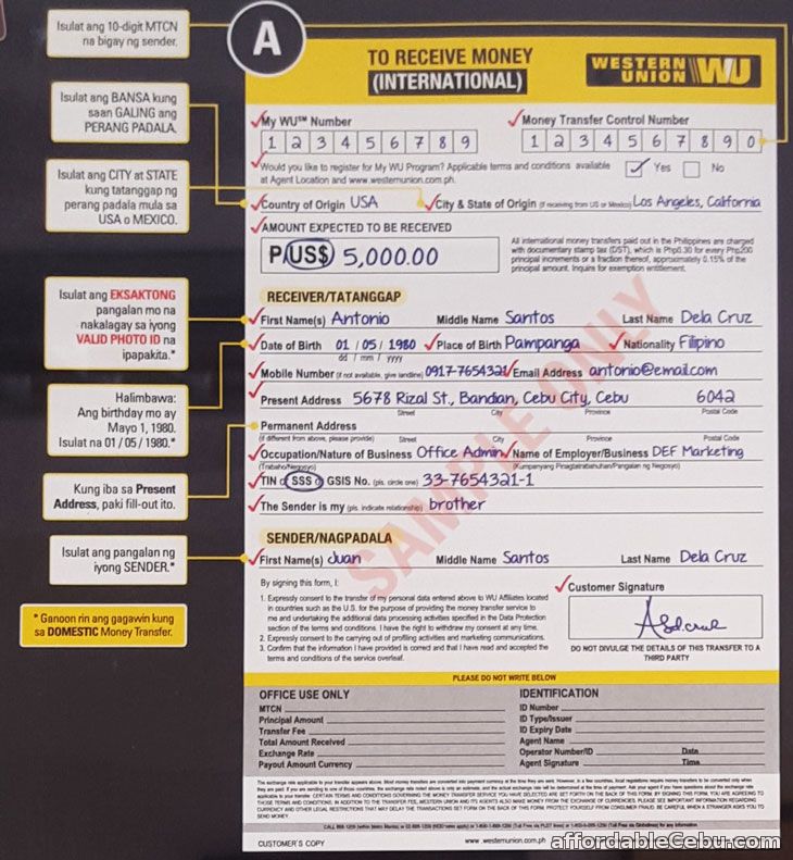 Western Union Receive Money Form