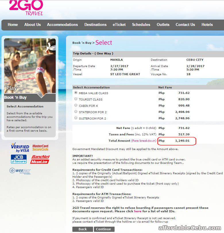 2go travel ticket price cebu to manila