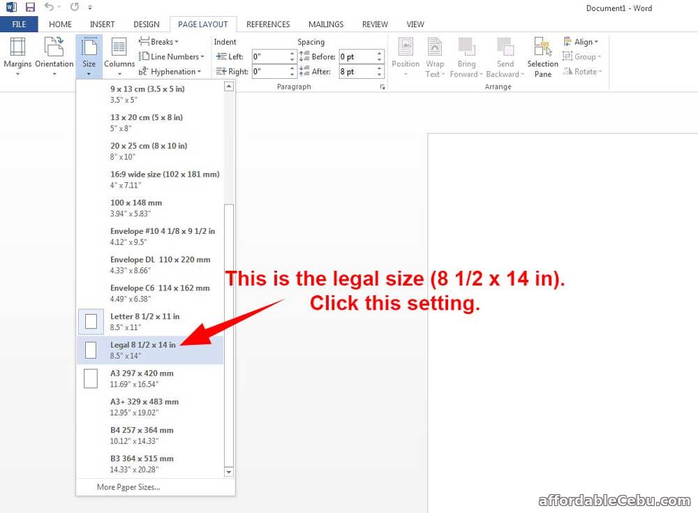 Set-up Legal Bond Paper Size