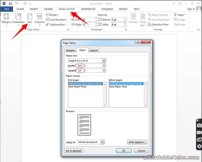 Setting up legal size in cm in Microsoft Word